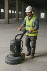 polerowanie posadzki w przemysłowym wnętrzu