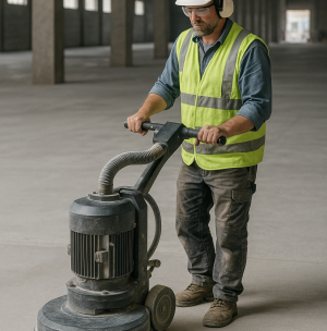 polerowanie posadzki w przemysłowym wnętrzu